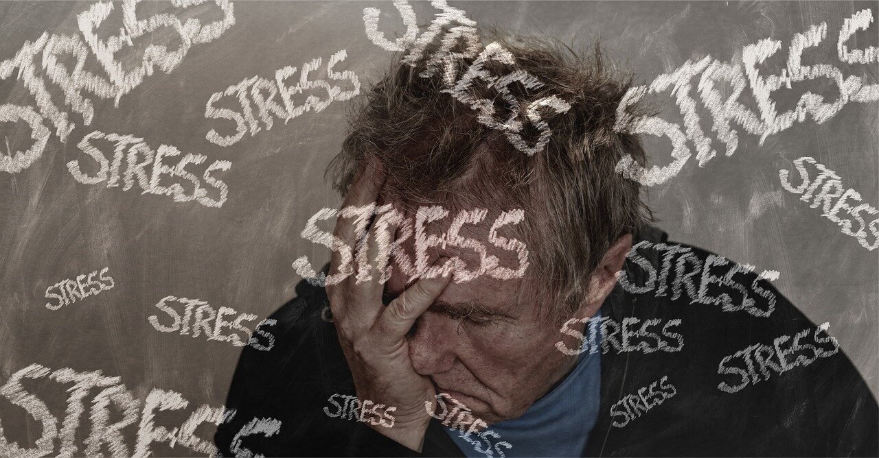 Man with hand in front of his face, stressed, with the word stress across the image