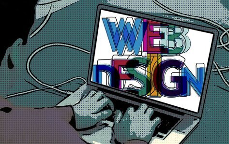 Cartoon image of web designer working on a laptop