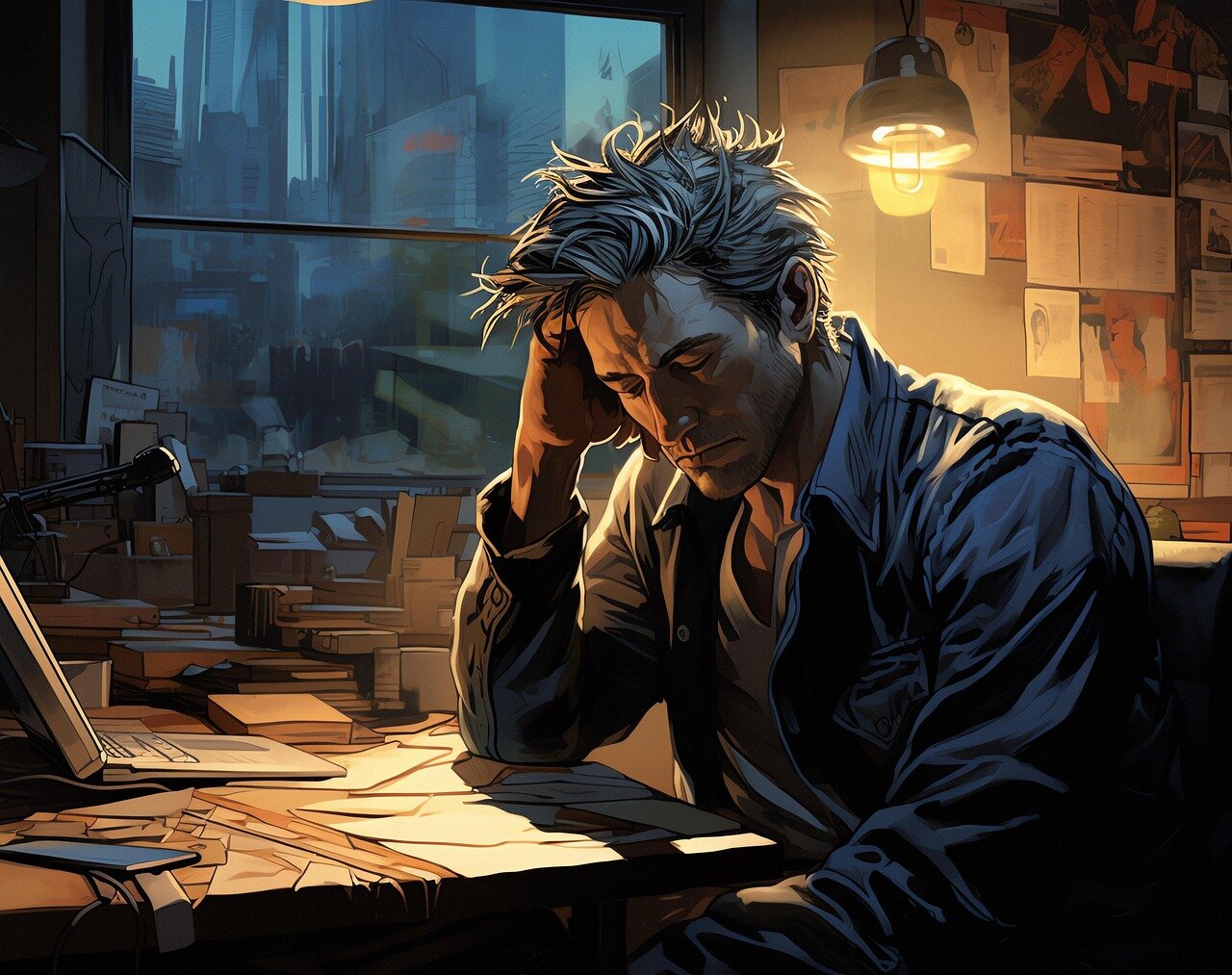 AI generated man sitting at a desk looking deposdent