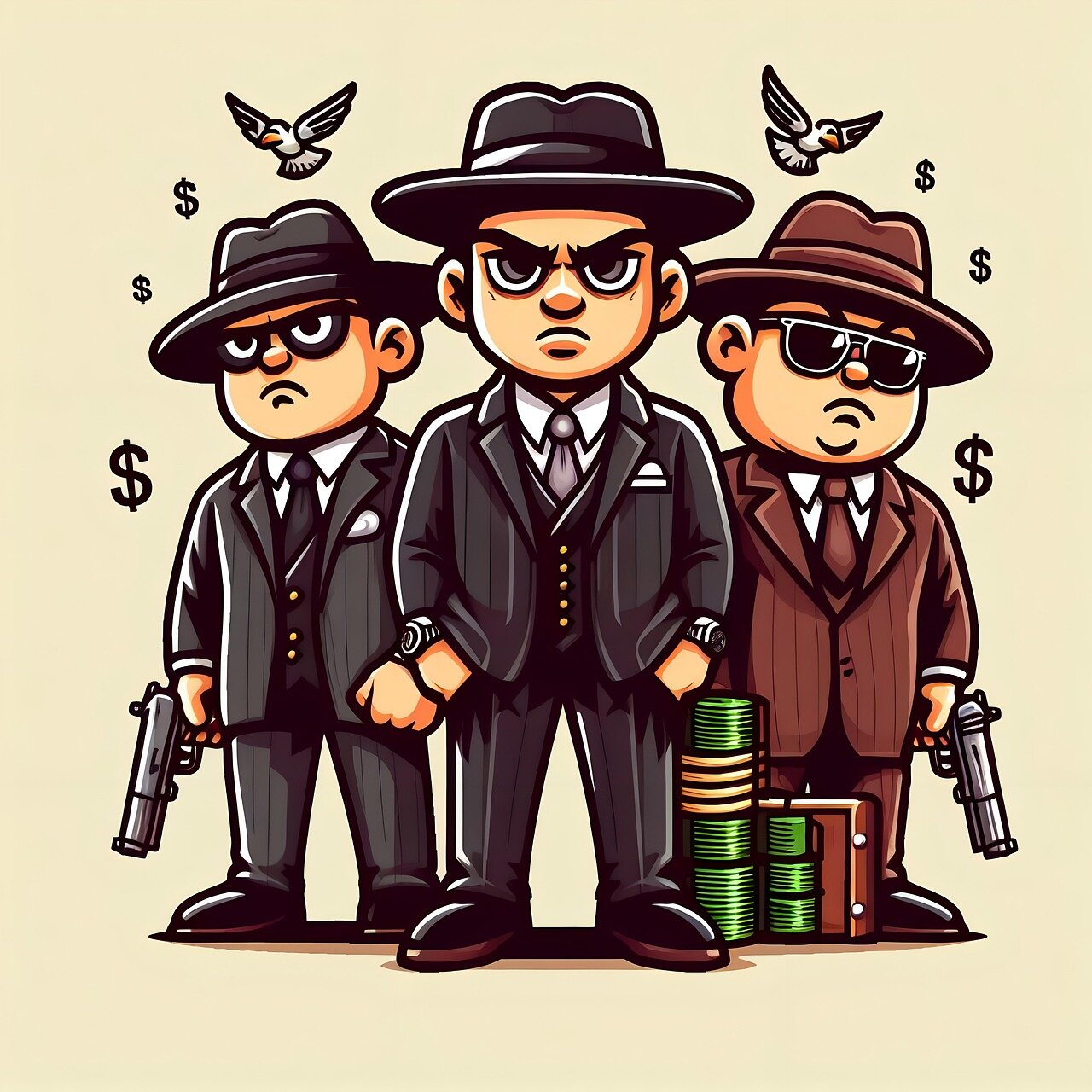 Cartoon image of three mafia looking guys with guns and explosives, with dollar signs floating around them