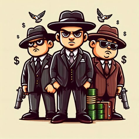 Cartoon image of three mafia looking guys with guns and explosives, with dollar signs floating around them