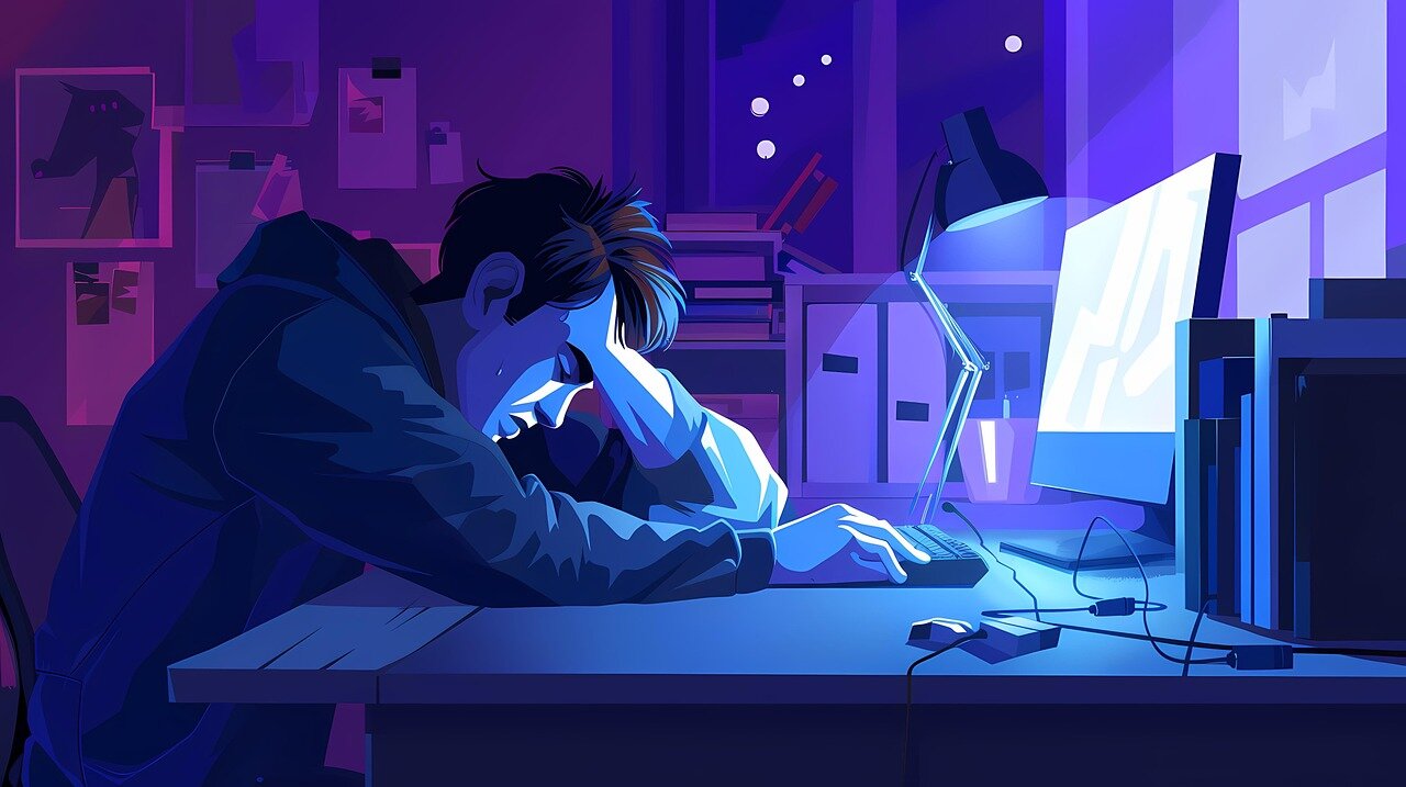 generated image of young man sleeping at his computer late into the night