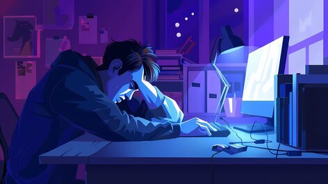 generated image of young man sleeping at his computer late into the night