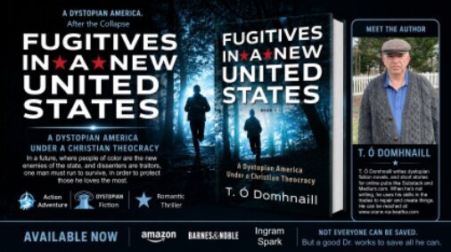 Sign with the book cover and authors picture, with advertising for Fugitives in a New United States