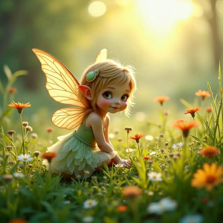 Image of a Pixie looking at you kneeling in a flower filled field
